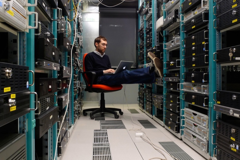 man in computer network room