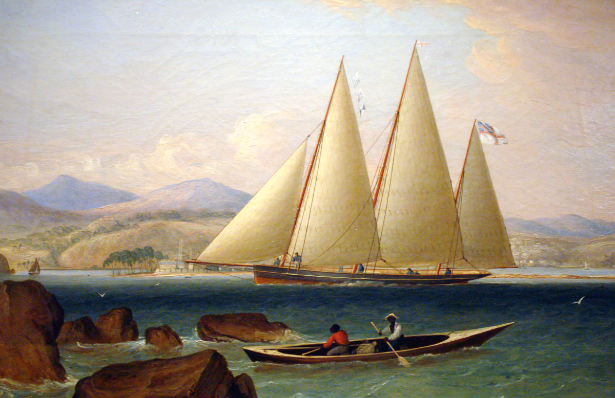 A Bermuda sloop of the Royal Navy, entering port in the West Indies. By John Lynn https://commons.wikimedia.org